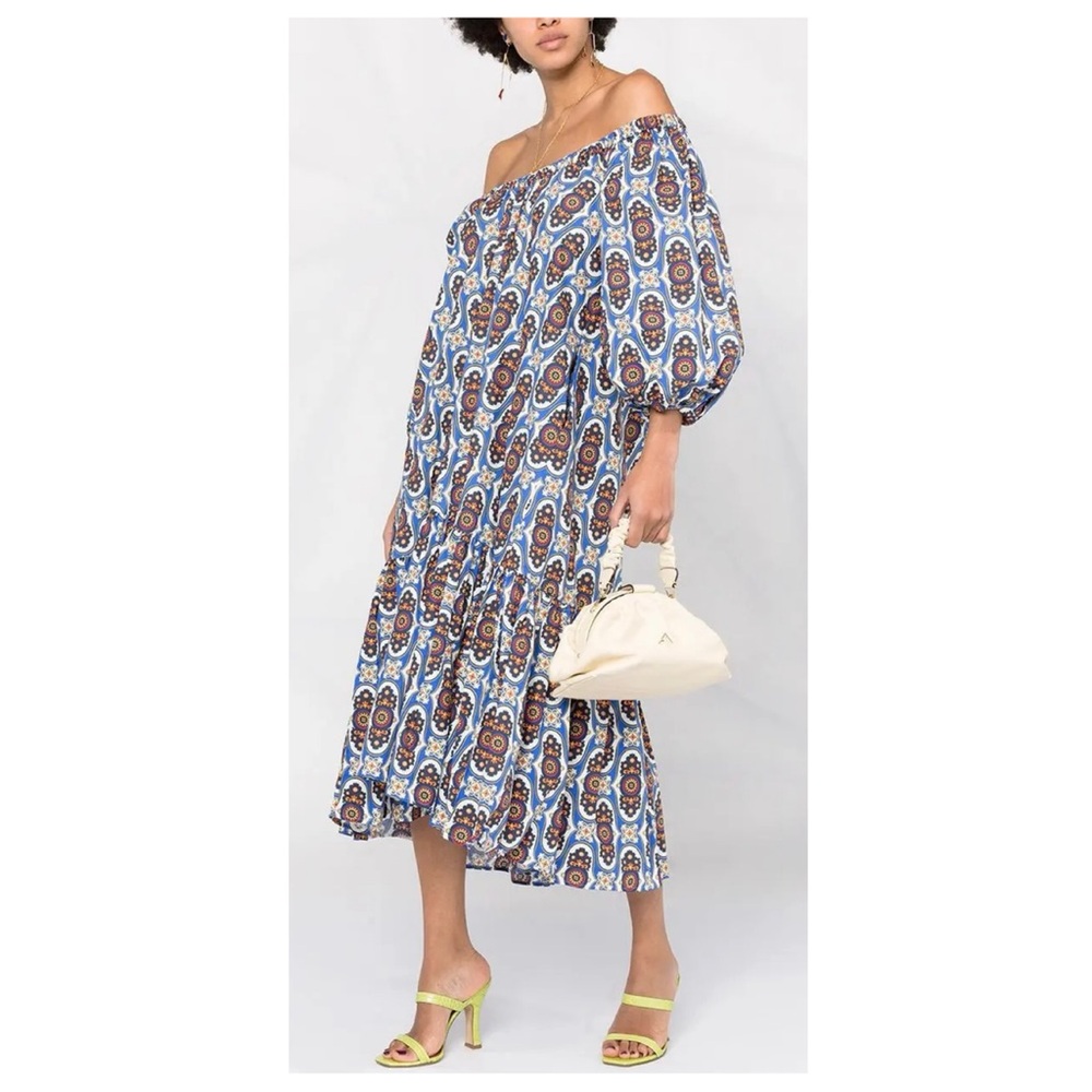 LA DOUBLEJ Paloma Off-Shoulder Blue Printed Midi Dress
